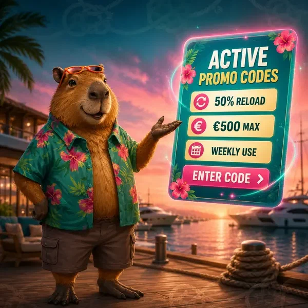 Kod promocyjny unoszący się w LazyBar, gdy kapibara radośnie gestykuluje przy zachodzie słońca w marinie