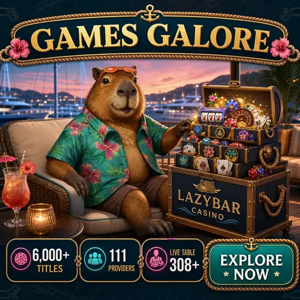 LazyBar Casino Games prezentuje ponad 6 000 tytułów, podczas gdy kapibara relaksuje się przy skrzyni z nagrodami w klubie jachtowym