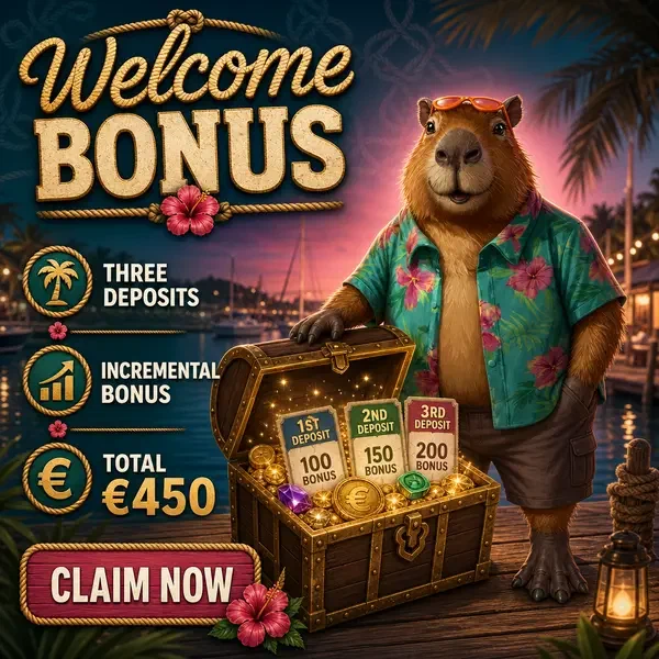 Kapibara zakładu sportowego LazyBar ze skrzynią skarbów oferującą bonus powitalny zakładów sportowych do 450 EUR