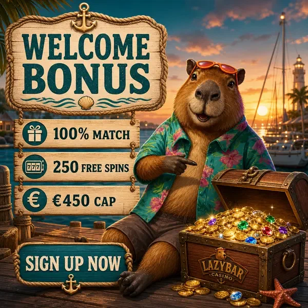 Kapibara LazyBar prezentująca skrzynię skarbów monet bonusu powitalnego w doku mariny