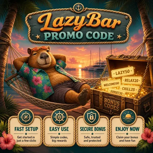 Kapibara LazyBar wylegująca się w hamaku ze skrzynią skarbów kodów promocyjnych świecącą w pobliżu