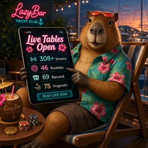 Kapibara LazyBar przeglądająca transmisje kasyna na żywo na tablecie na pokładzie mariny