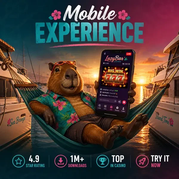 Aplikacja mobilna LazyBar świecąca na ekranie smartfona w ustawieniu hamaka w marinie