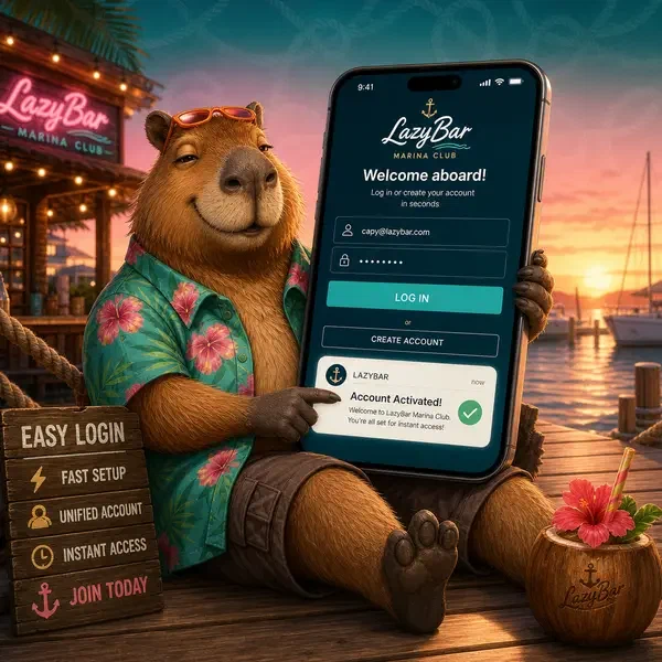 Kapibara LazyBar relaksująca się ze smartfonem pokazującym łatwy interfejs logowania na promenadzie mariny o zachodzie słońca